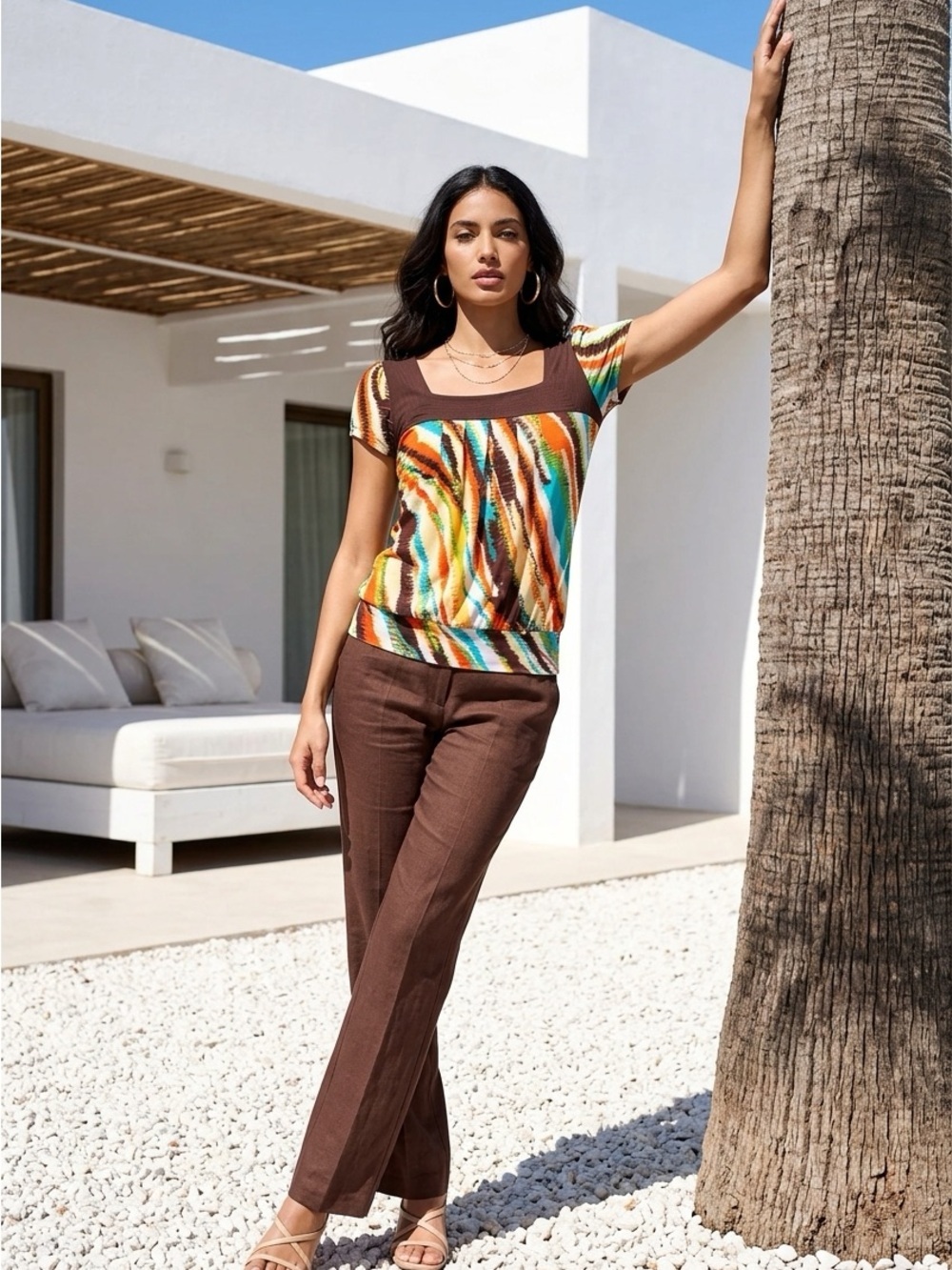 Heart Soul Bright Wave-Print Top in Brown, Teal, Orange and Yellow